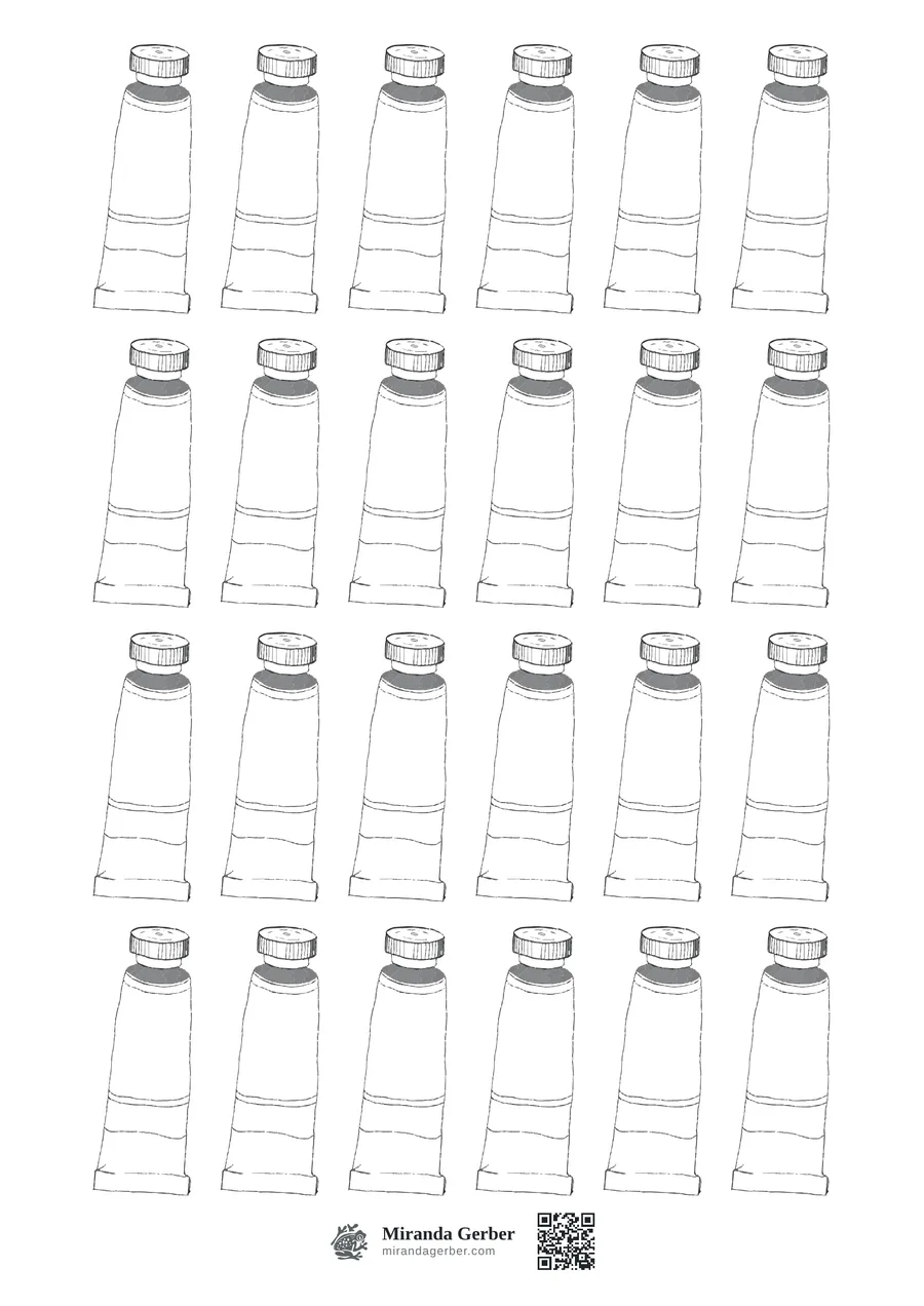 A printable A4 sheet of 24 empty outlined watercolour paint tubes in four rows of six, ready to be coloured in with your own paints
