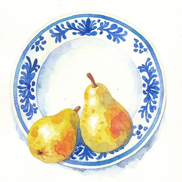 Watercolour study of a plate of pears by Miranda Gerber